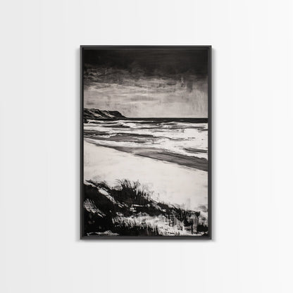 Black and White Beach, Stormy Ocean, Dramatic Seascape, Moody Wall Art, Framed Canvas Print, Minimalist Decor, Coastal Storm