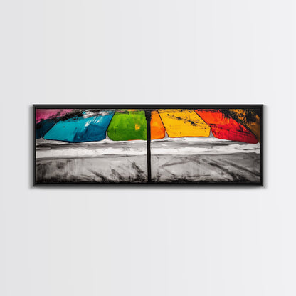 Colorful Umbrella Art, Abstract Beach Painting, Coastal Modern Decor, Vibrant Seaside Print, Bold Canvas Print, Framed Canvas Print