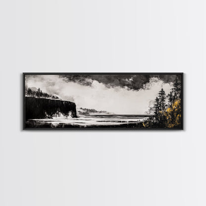 Steilküste, dramatisches Meerespanorama, stimmungsvolle Küste, monochrom, gerahmter Leinwanddruck, Küsten-Wandkunst, nautische Dekoration, großes Wandbild