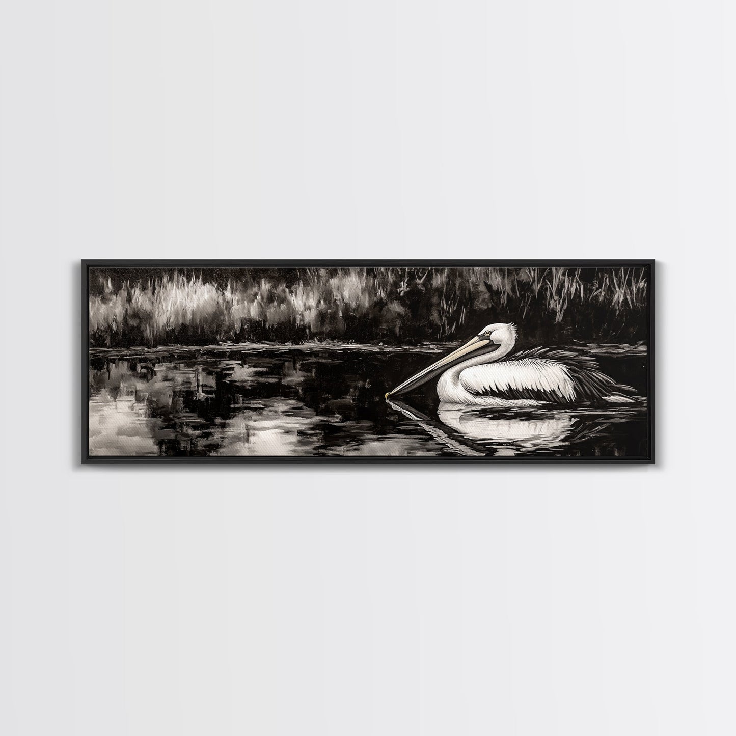 Pelican Reflection, Black White, Wildlife Art, Canvas Print, Nature Wall Art, Coastal Home Decor, Bird Lovers Gift, Monochrome Photography