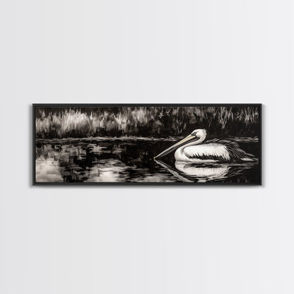 Pelican Reflection, Black White, Wildlife Art, Canvas Print, Nature Wall Art, Coastal Home Decor, Bird Lovers Gift, Monochrome Photography