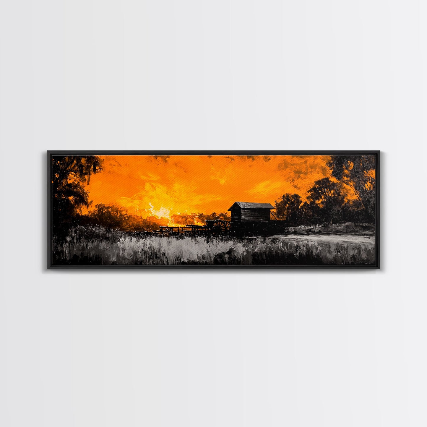 Farm Sunset, Old Barn, Fiery Sky, Rustic Landscape, Framed Canvas Print, Country Wall Art, Western Home Decor, Harvest Season Artwork