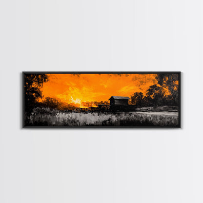 Farm Sunset, Old Barn, Fiery Sky, Rustic Landscape, Framed Canvas Print, Country Wall Art, Western Home Decor, Harvest Season Artwork