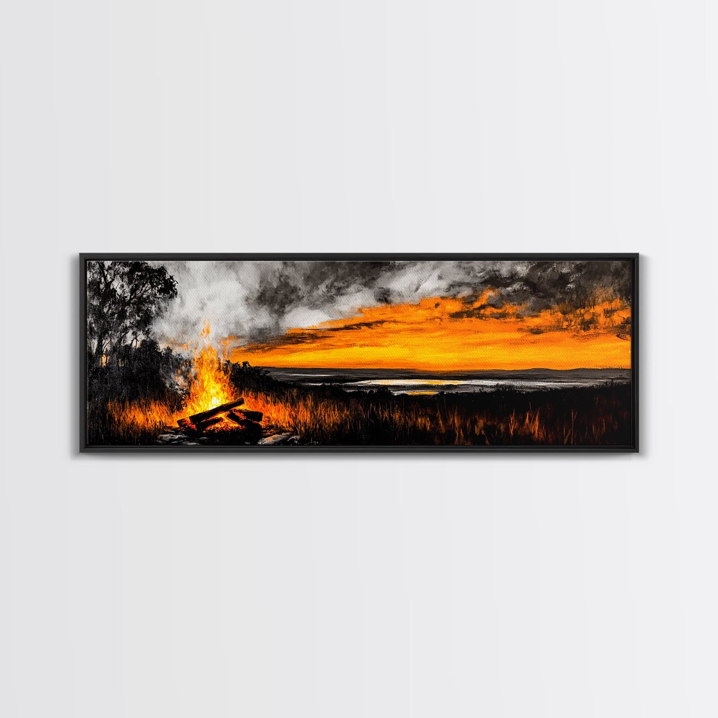 Sunset Bonfire, Rustic Art, Cozy Cabin Decor, Canvas Print, Fall Landscape, Nature Wall Art, Warm Glow Artwork, Mountain Retreat Art