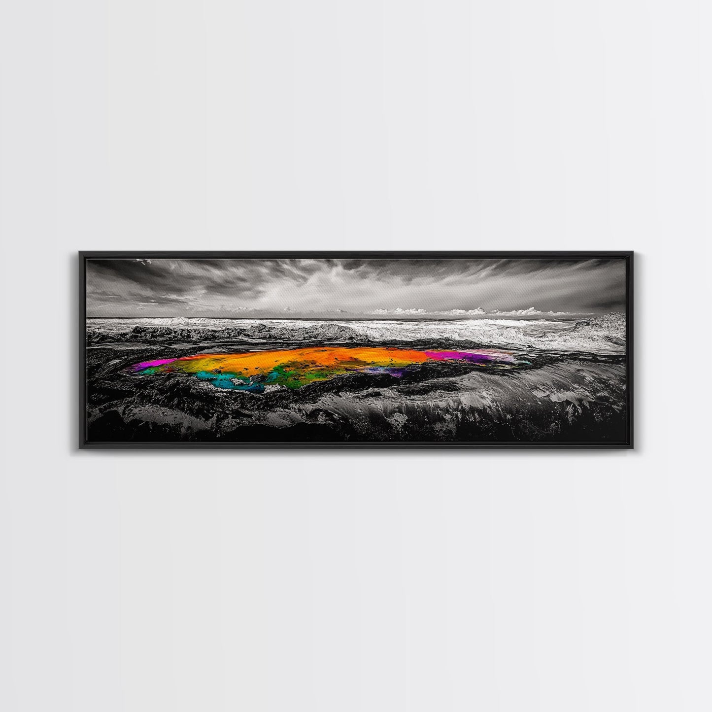 Vibrant Ocean Rock, Colorful Pool, Dramatic Sky, Canvas Print, Abstract Seascape, Modern Wall Art, Unique Art Piece, Living Room Decor