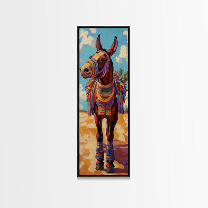 Donkey, Fiesta, Colorful, Fun, Framed Canvas Print with southwestern folk art, playful animal design, boho kids room, kitchen decor