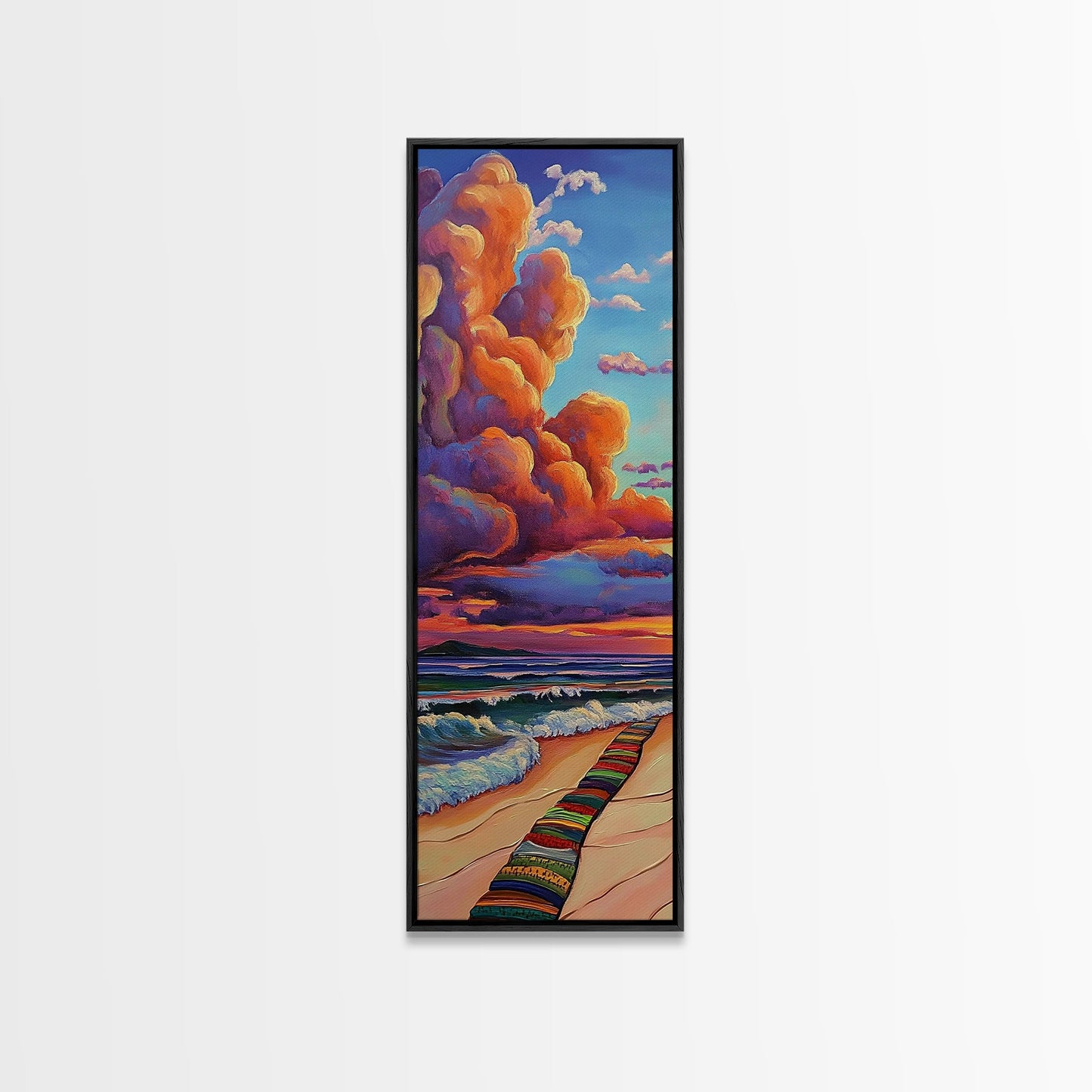 Ocean, Sunset, Blankets, Beach - Framed Canvas Print, Cozy Coastal Wall Art, Warm Sunset Beach Decor, Serene Bedroom, Entryway Accent