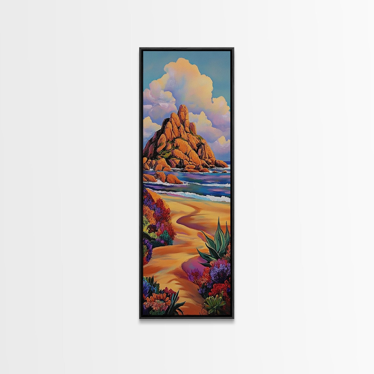 Coastal Path, Mountain, Framed Canvas Print, Vibrant Beach Landscape Wall Art, Desert Coastal Decor, Colorful Nature Living Room Accent