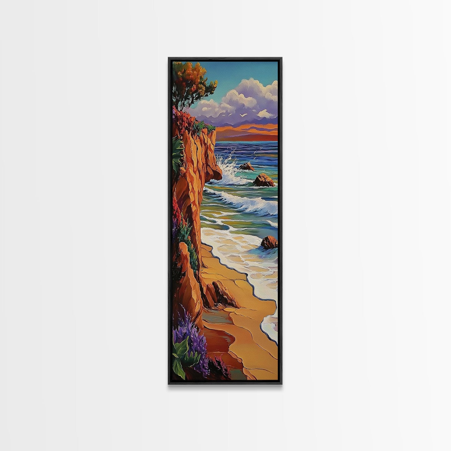 Ocean Cliff, Waves, Bold - Framed Canvas Print, coastal wall décor, colorful beach house art, fall inspired seascape, bedroom wall piece