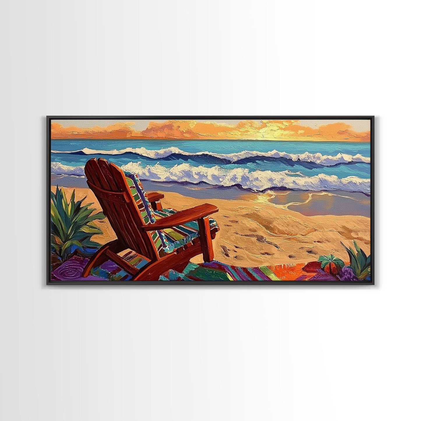 Chair Ocean, Sunset, Framed Canvas Print, Tranquil Beach Chair Painting, Relaxing Seaside Wall Decor, Zen Office Artwork