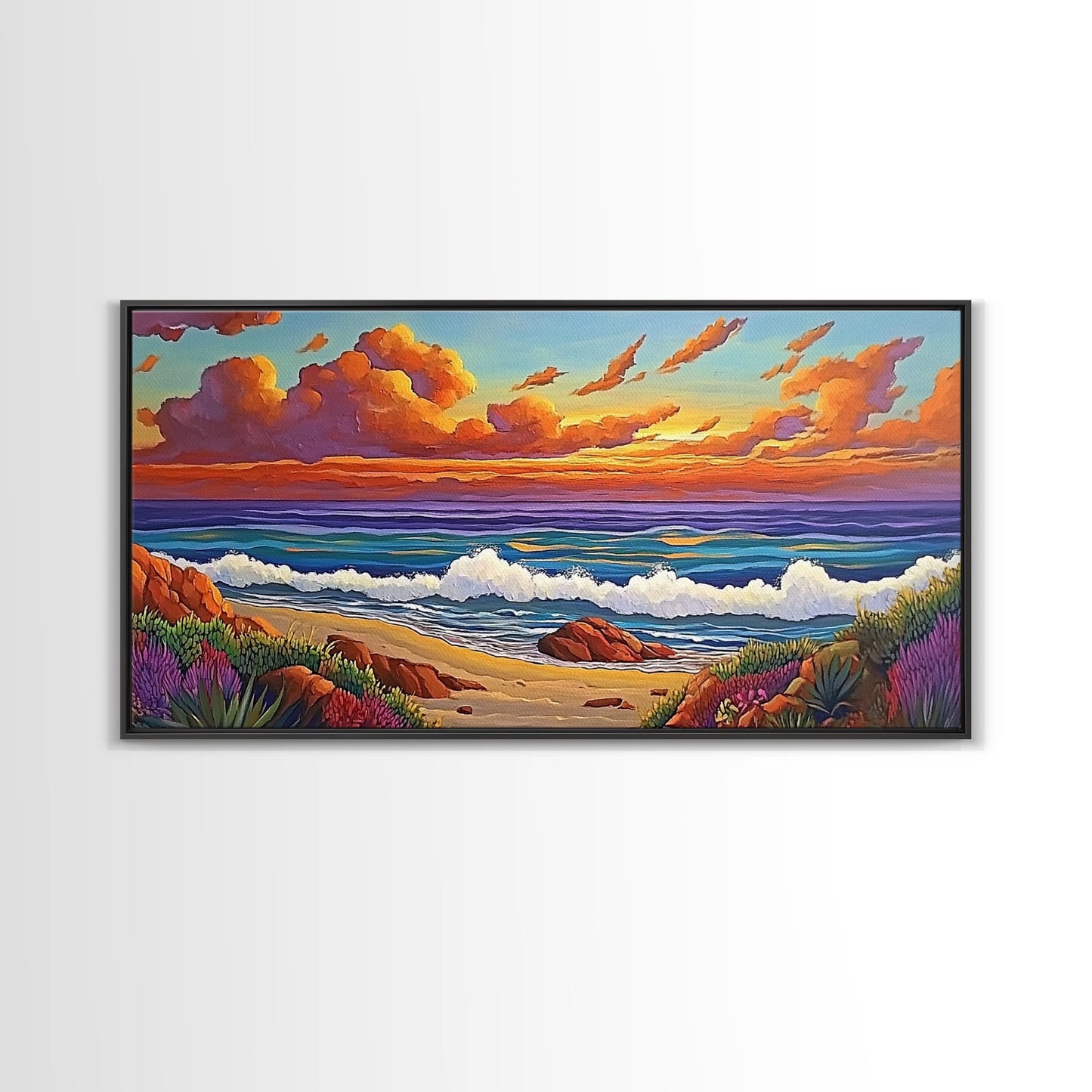 Beach Sunset, Waves, Pastel, Canvas Print, Seaside Landscape Art, Coastal Home Wall Decor, Serene Living Room Accent
