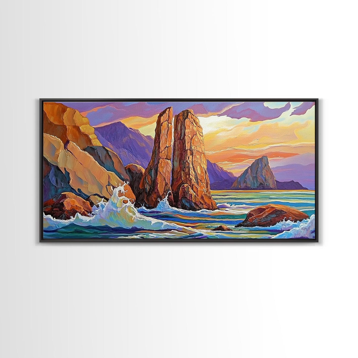Ocean Rocks, Waves, Sunrise, Framed Canvas Print, Coastal Landscape Art, Nautical Beach Wall Decor, Ocean Sunset Art, Bedroom Accent