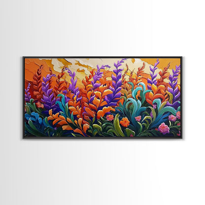 Flowers Sunset, Vibrant, Nature, Framed Canvas Print, Fall Wildflower Art, Boho Floral Wall Decor, Kitchen or Entryway Accent