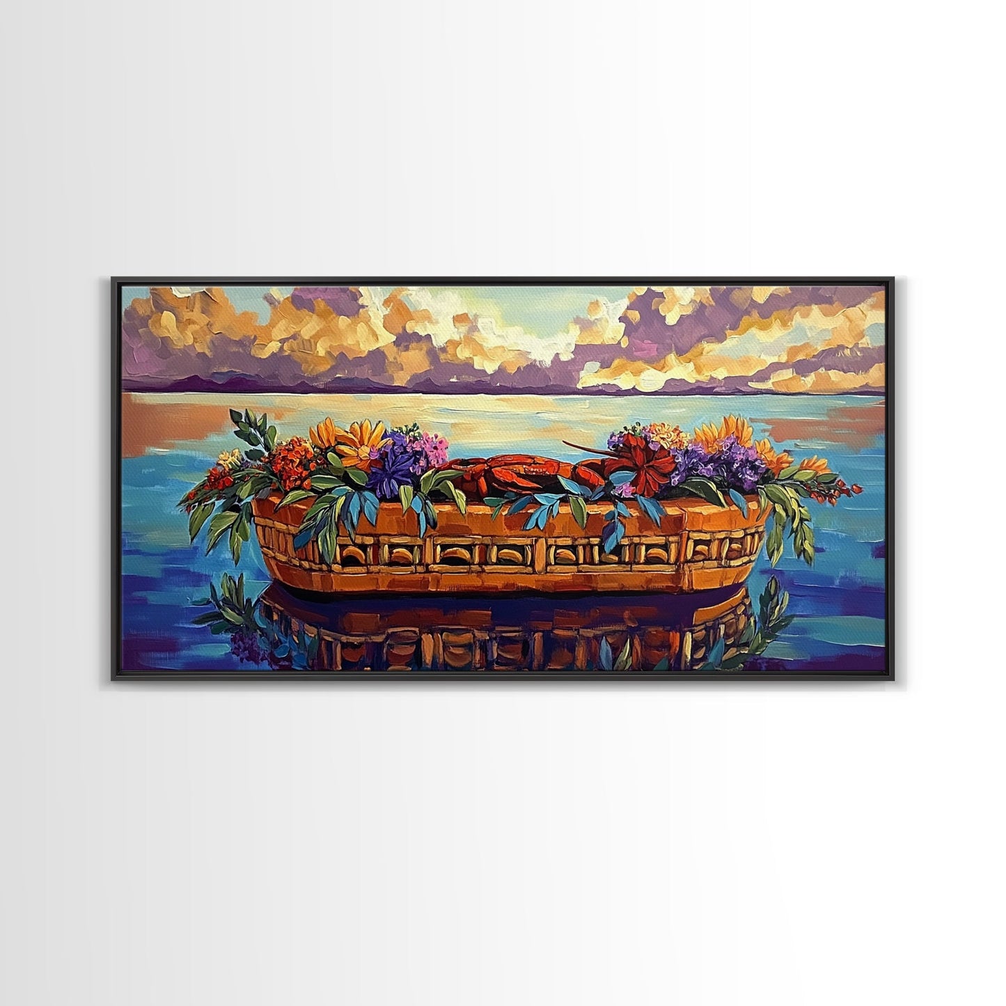 Lobster Basket, Florals, Coastal, Canvas Print, Nautical seafood kitchen wall art, whimsical ocean dining decor, coastal flower boho art