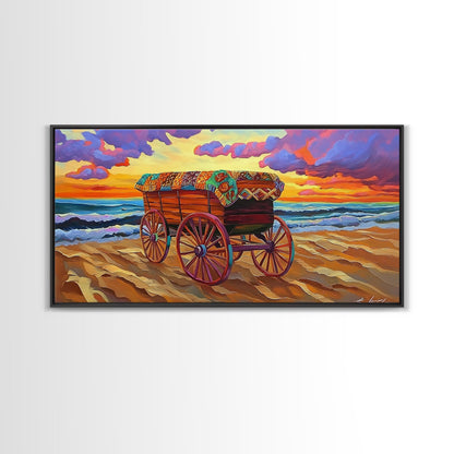 Beach Wagon, Sunset, Decor, Framed Canvas Print western wall art, desert decor, living room boho art, rustic coastal art, beach house