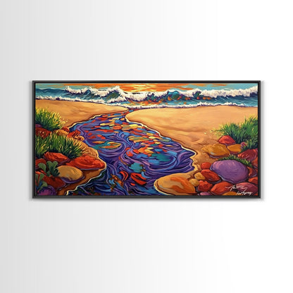 Ocean Stream, Sunset, Framed Canvas Print, Vibrant Beach Painting, Surf Wall Art, Coastal Decor, Sunset Seascape, Colorful Nature Art