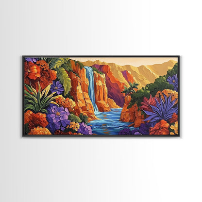 Canyon Waterfall, Desert Bloom, Sunset Rocks, Framed Canvas Print, Nature Landscape Wall Art, Boho Bedroom or Office Decor