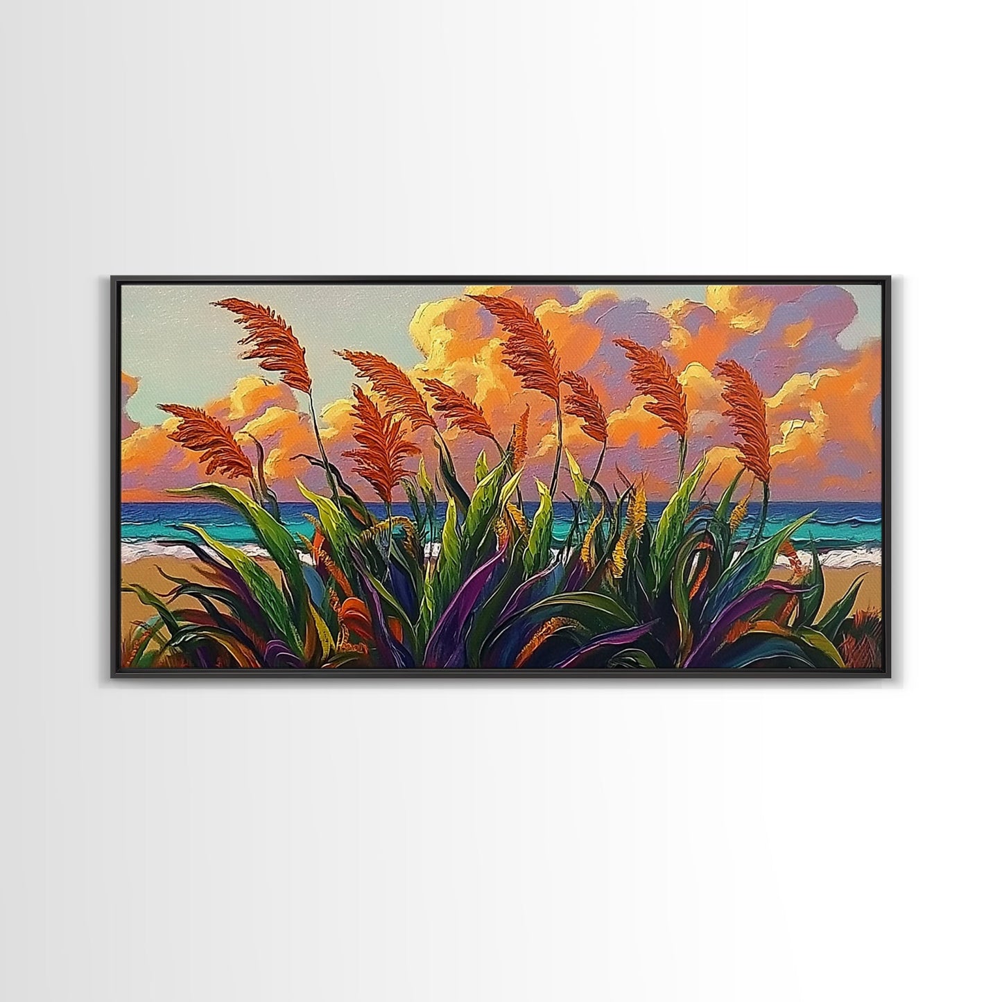 Coastal Sunset, Grasses, Canvas Print, Autumn Beach Landscape Art, Boho Living Room Wall Decor, Colorful Nature Painting
