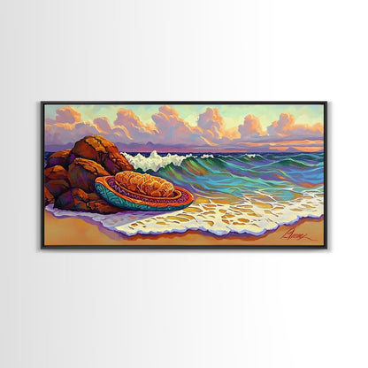 Conchas Beach, Sunset, Waves, Canvas Print, Mexican sweet bread art, kitchen wall decor, colorful bakery art, beach wall painting