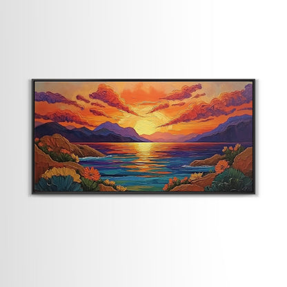 Sunset Coastal, Landscape, Vibrant Colors, Framed Canvas Print, Boho Beach Art, Living Room Wall Decor, Nature Painting, Summer Vibes