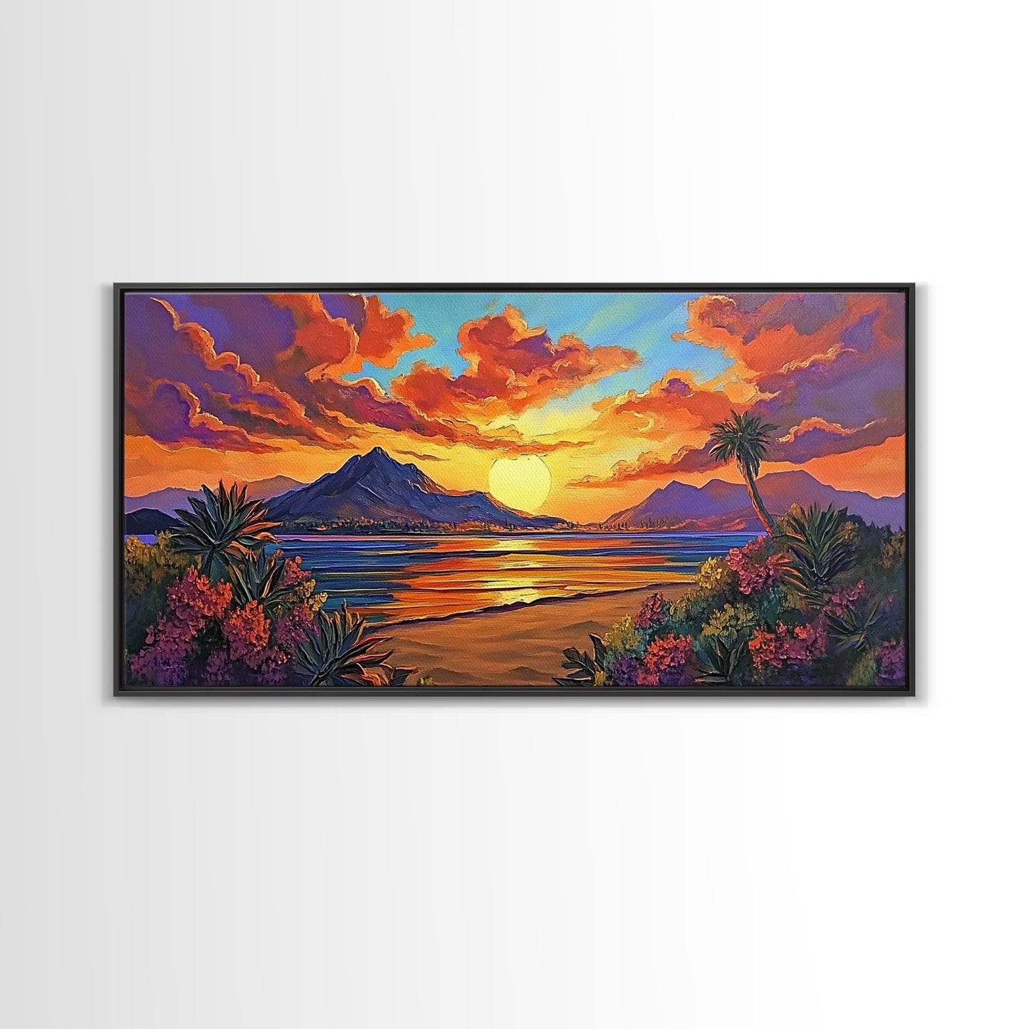 Mountains Tropical, Sunset, Palm Trees, Framed Canvas Print, Bold Landscape Art, Living Room Wall Decor, Sunset View, Boho Decor