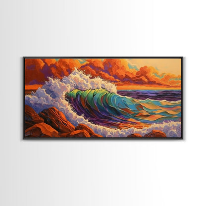 Ocean Wave, Sunset, Crashing Surf, Framed Canvas Print, Colorful Coastal Art, Living Room Wall Decor, Seaside Painting, Bold Landscape