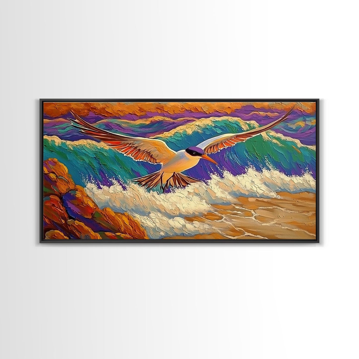 Seagull, Beach, Ocean Waves, Vibrant Sky, Framed Canvas Print, Coastal Wildlife Art, Living Room Wall Decor, Bird Painting, Boho Nature