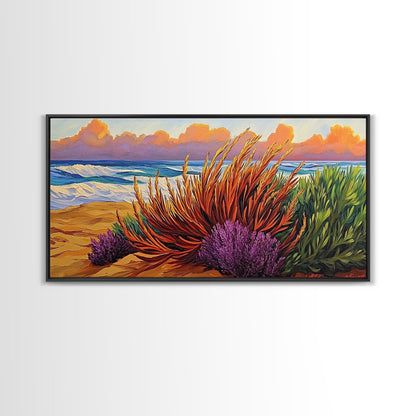 Beach, Sunset, Grasses, Coastal, Canvas Print, Tropical coastal wall art, desert beach boho art, modern bathroom art, hallway decor