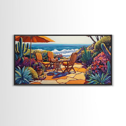 Patio, Ocean, Dining, Framed Canvas Print, Colorful seaside patio with umbrella and table scene, Summer vibes, Dining Room Wall Art