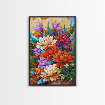 Floral Boho, Bright, Fall, Canvas Print vibrant flower bouquet wall art, fall floral wall decor, dining room print, bohemian art gift