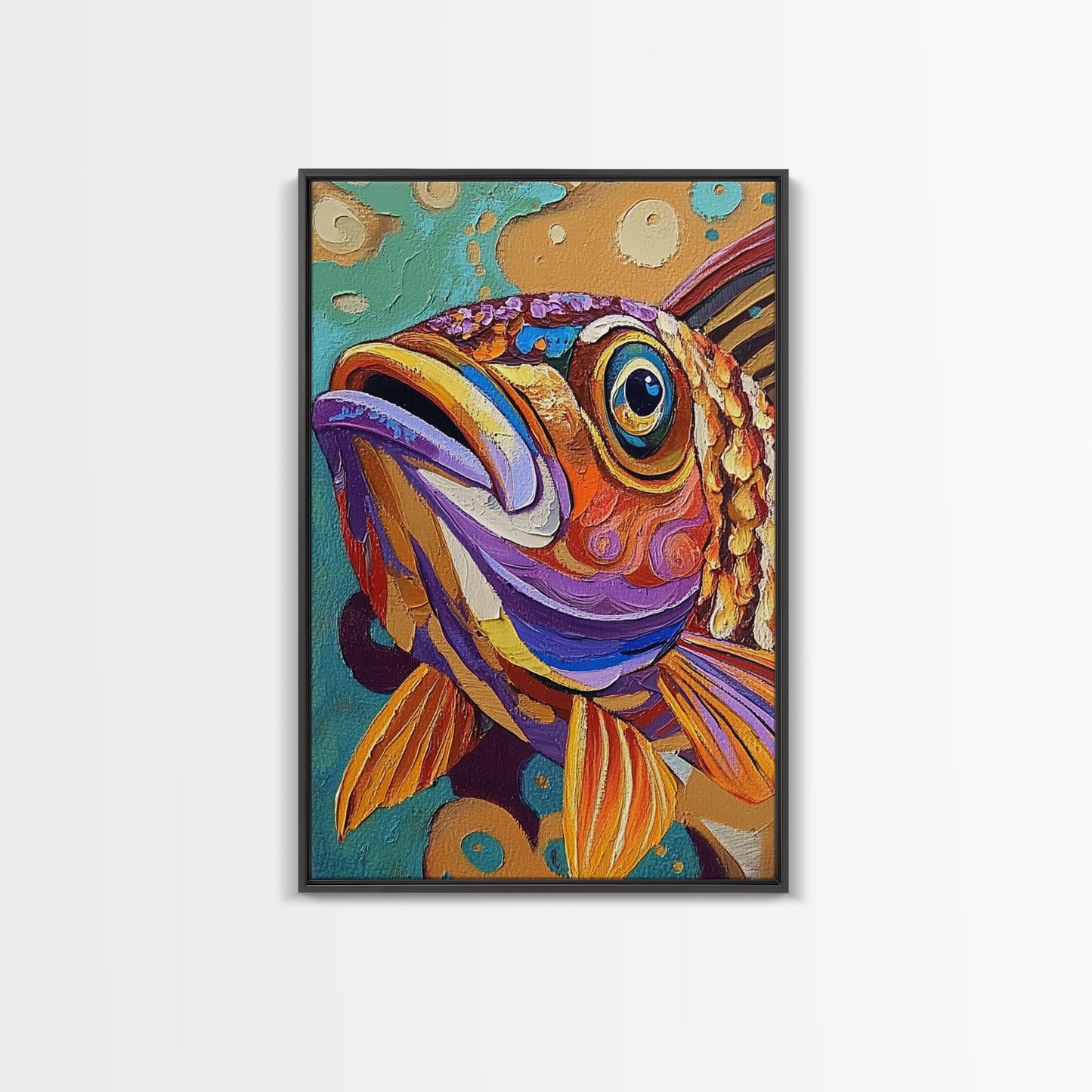 Fish Colorful, Tropical, Bold, Framed Canvas Print, vibrant ocean art, coastal bathroom decor, abstract tropical fish painting, boho beach
