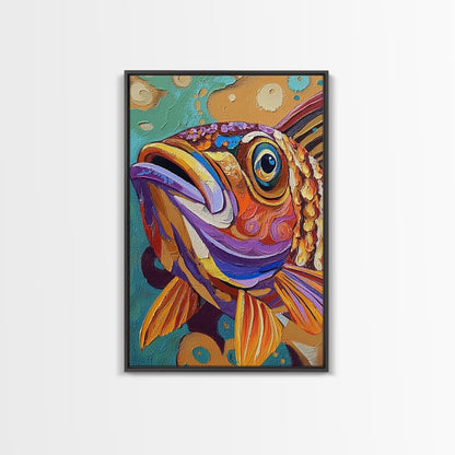 Fish Colorful, Tropical, Bold, Framed Canvas Print, vibrant ocean art, coastal bathroom decor, abstract tropical fish painting, boho beach