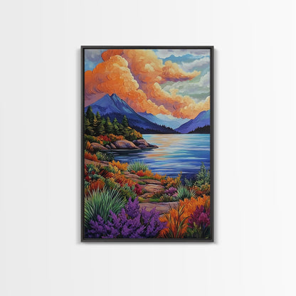 Lake Mountains, Sunset, Autumn, Framed Canvas Print serene mountain lake sunset wall art, vibrant Autumn landscape canvas, cozy cabin decor