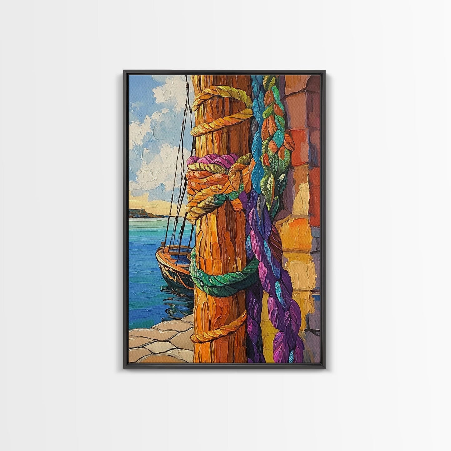 Boat Dock, Ropes, Framed Canvas Print, Nautical Coastal Wall Art, Vibrant Marina Scene, Boho Seaside Decor, Bathroom art, Office Wall Art