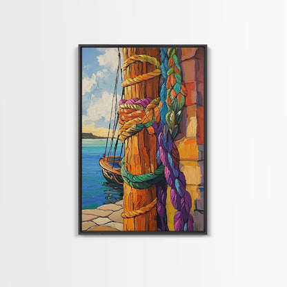 Boat Dock, Ropes, Framed Canvas Print, Nautical Coastal Wall Art, Vibrant Marina Scene, Boho Seaside Decor, Bathroom art, Office Wall Art