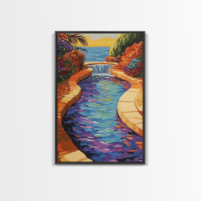 Pool Garden, Oasis, Sunset, Framed Canvas Print vibrant patio wall art, tropical courtyard landscape, kitchen art, sunroom boho decor