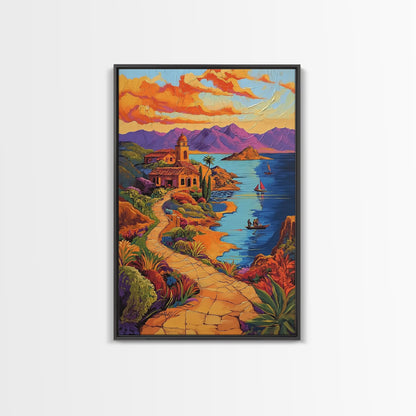 Coastal Village, Pathway, Sunset, Framed Canvas Print, Mediterranean coastal art, colorful landscape painting, boho living room wall decor
