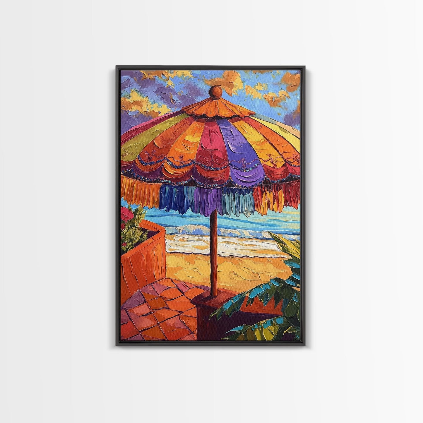 Beach Umbrella, Sunset, Framed Canvas Print, Tropical boho art, patio decor, summer beach vibe, colorful wall art, sunroom accent piece