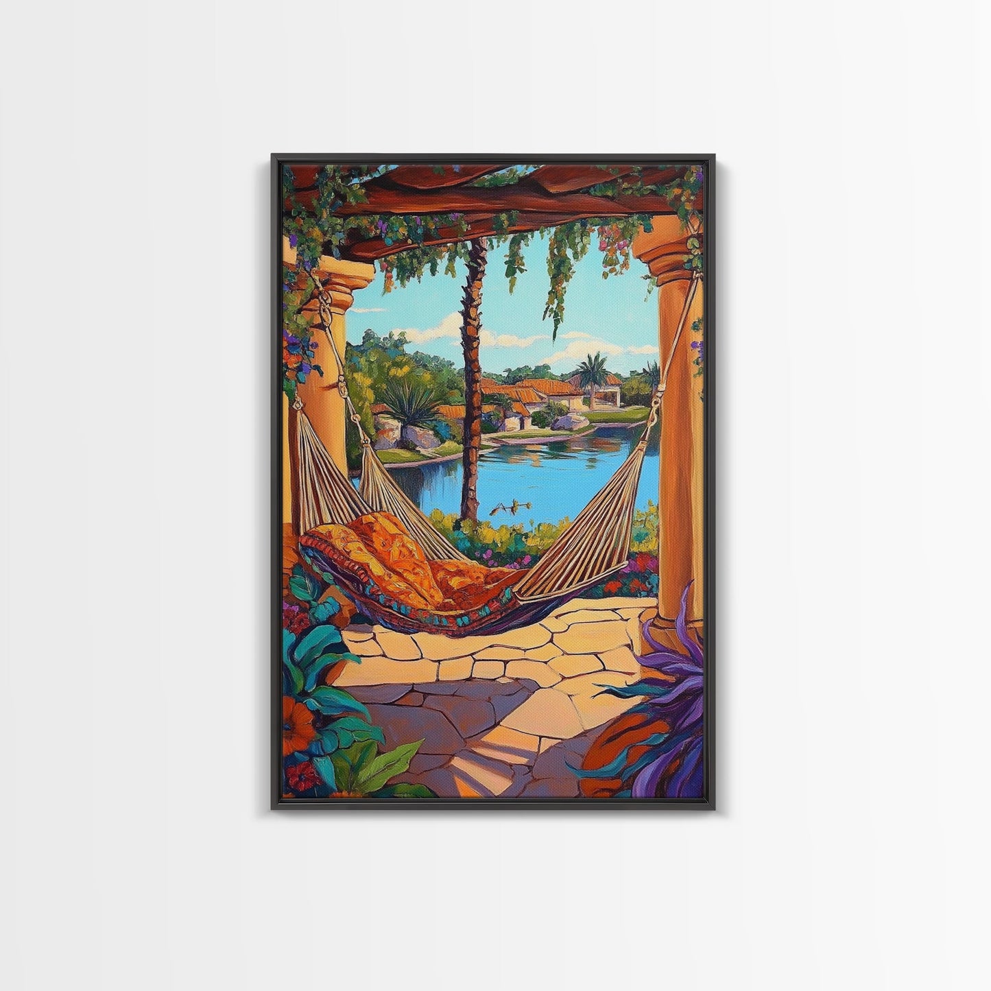 Hammock Patio, Relax, Lake, Framed Canvas Print, bohemian outdoor decor, tropical vacation art, summer patio vibe, living room wall art
