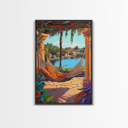 Hammock Patio, Relax, Lake, Framed Canvas Print, bohemian outdoor decor, tropical vacation art, summer patio vibe, living room wall art