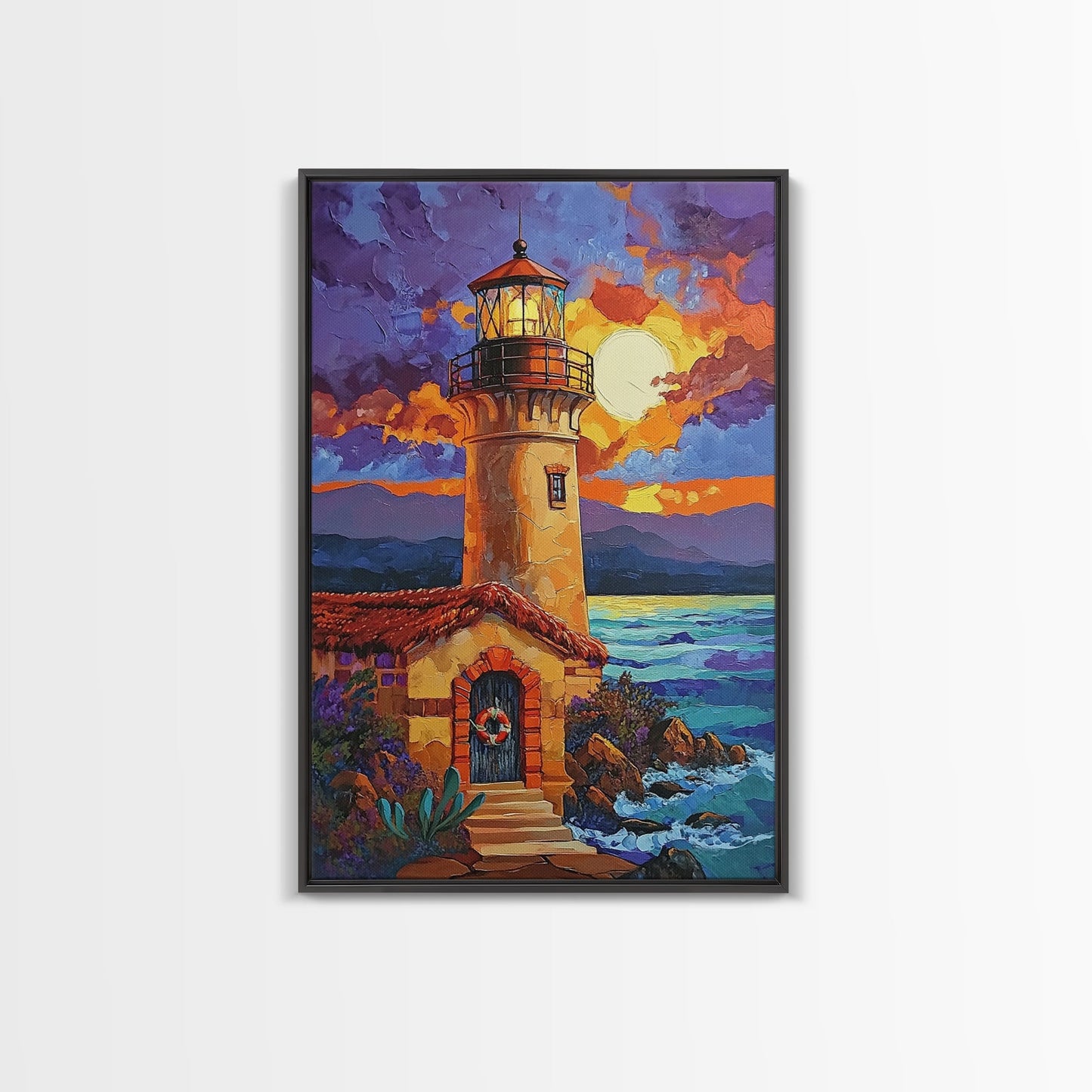 Moonlit Lighthouse, Rustic, Shore, Framed Canvas Print, Coastal Lighthouse Canvas, Dramatic Moon Ocean Scene, Rustic Nautical Wall Art