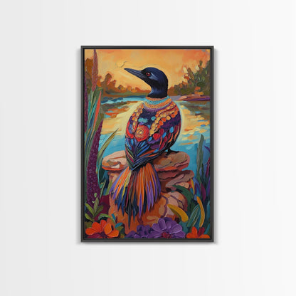 Jewel Loon, Sunset, Vibrant Bird Wall Art, Nature Wildlife Decor, Eclectic Home Accent, Living Room Boho Framed Canvas Print