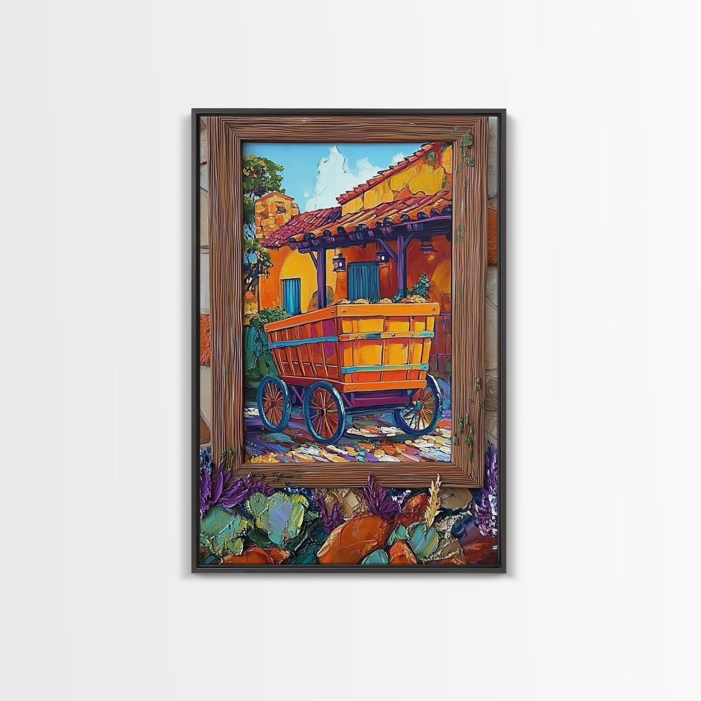 Rustic Wagon, Village, Colorful House Framed Canvas Print, Southwest Home Decor, Farmhouse Kitchen Wall Art, Mexican Art Style