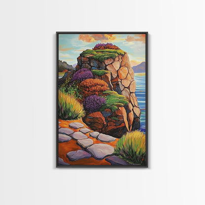Rocky Cliff, Ocean, Wildflowers Canvas Print, Vibrant Coastal Wall Art, Hallway Nature Scene, Colorful Landscape Painting