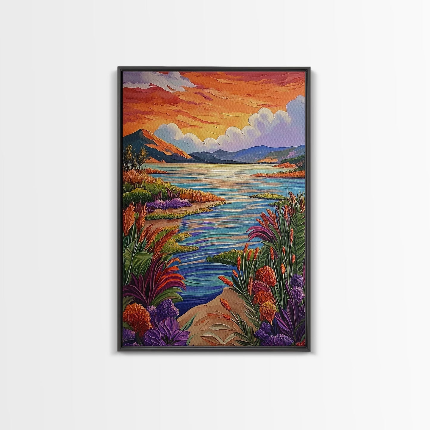 Lake Sunset, Wildflowers, Peaceful, Framed Canvas Print, Serene Nature Wall Art, Bedroom or Living Room Decor, Vibrant Landscape Style