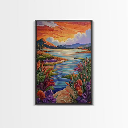 Lake Sunset, Wildflowers, Peaceful, Framed Canvas Print, Serene Nature Wall Art, Bedroom or Living Room Decor, Vibrant Landscape Style