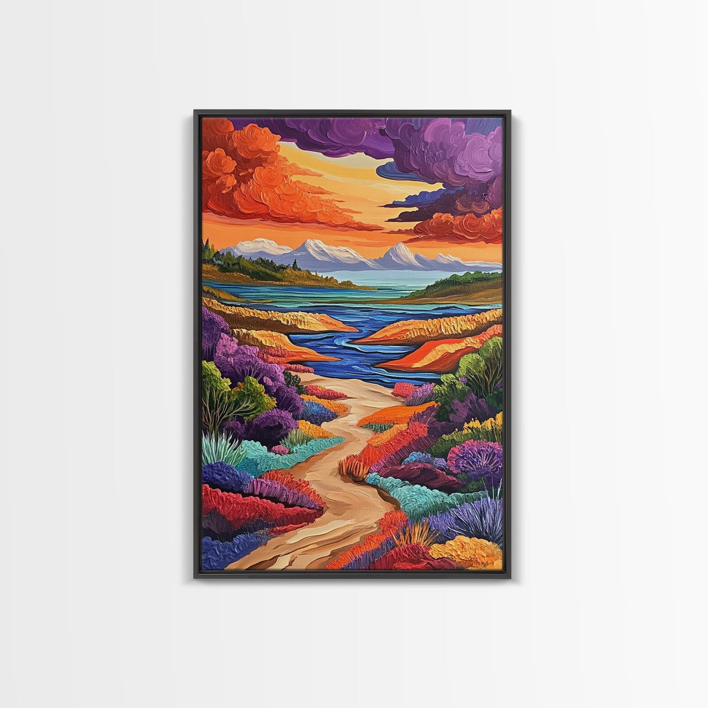 Mountains River, Clouds, Autumn, Framed Canvas Print, Bold Fall Landscape Art, Cozy Cabin Decor, Nature Lover Living Room Accent