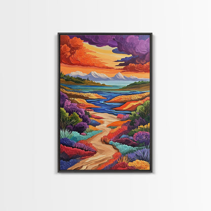 Mountains River, Clouds, Autumn, Framed Canvas Print, Bold Fall Landscape Art, Cozy Cabin Decor, Nature Lover Living Room Accent