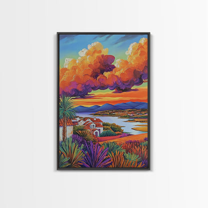 Village Sunset, Clouds, Landscape, Framed Canvas Print, Colorful Scenic Wall Art, Rustic Living Room Decor, Mediterranean Countryside