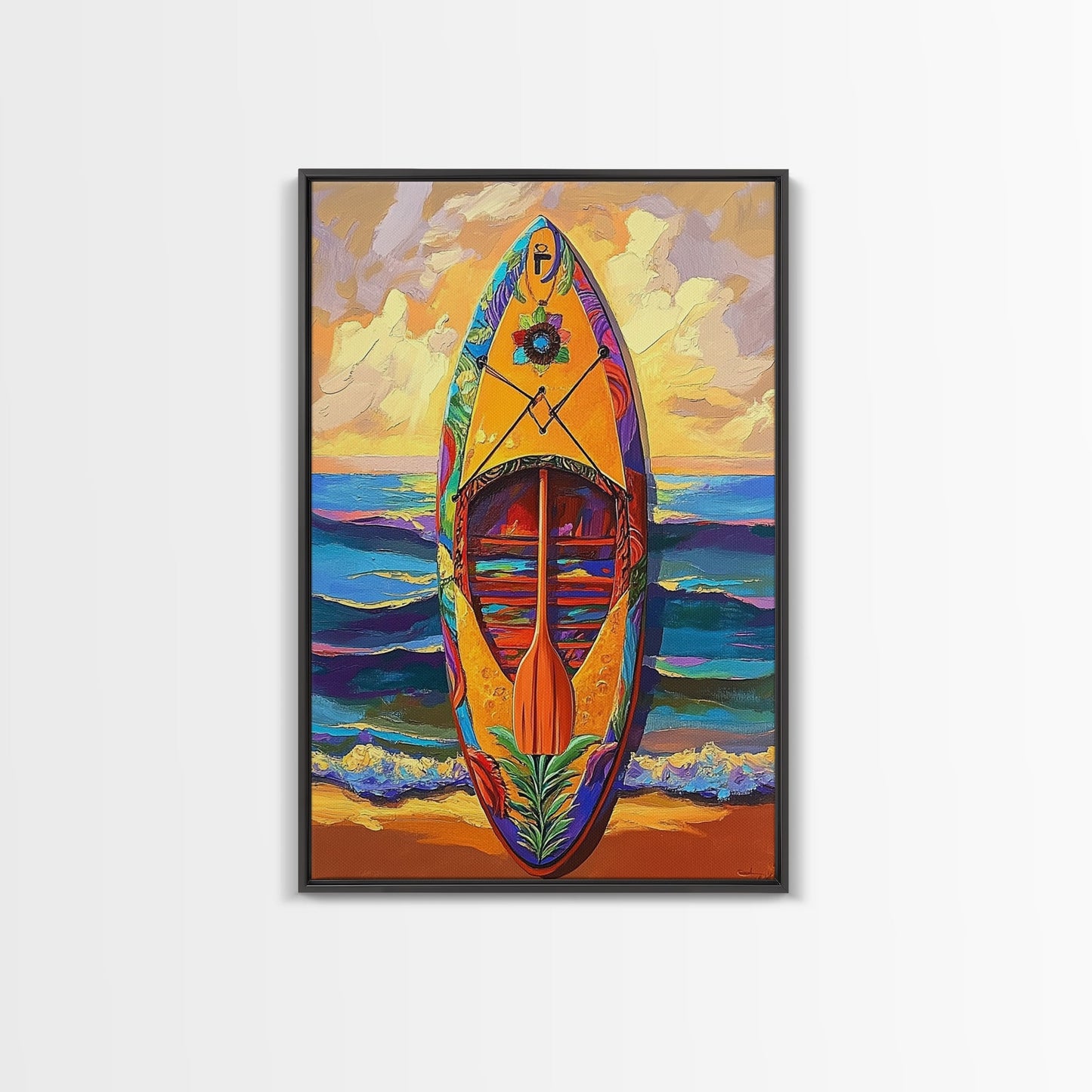 Yellow Surfboard Art, Vibrant Paddle Print, Colorful Beach Decor, Coastal Ocean Wall, Framed Canvas Print, Bathroom Wall Art, tropical art